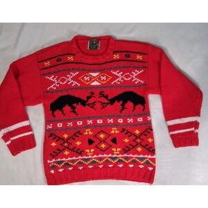 VTG Men's Club Chunky Hand Knit Red Aztec Fair Isle Wool Blend Sweater Medium‎